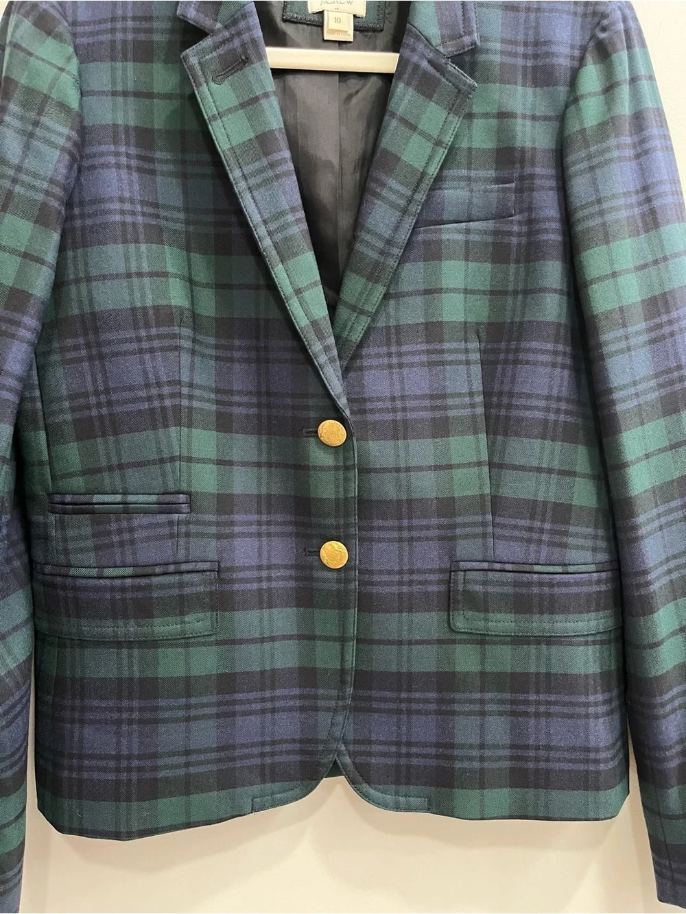 J. Crew Factory Black Watch Plaid Blazer Green Blue Gold Two Buttons Size 10